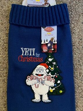 Yeti Blue Holiday Dog Sweater with Festive Tree and Candy Canes